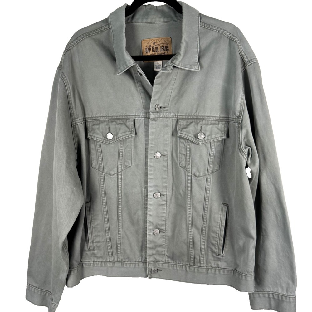 Gap Jeans Jacket Men's Size XL 100% Cotton Denim Trucker Biker Gray / Green
